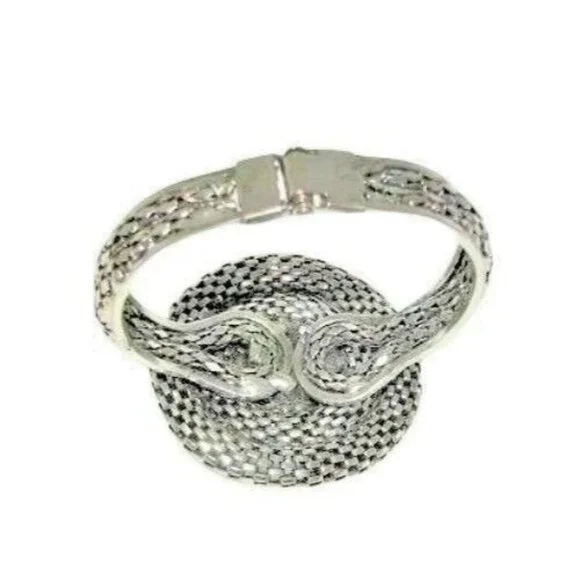 Silver Snake Chain Rhinestone Hematite Hinged Swirl Glam Bling Mesh Bracelet - Picture 4 of 4